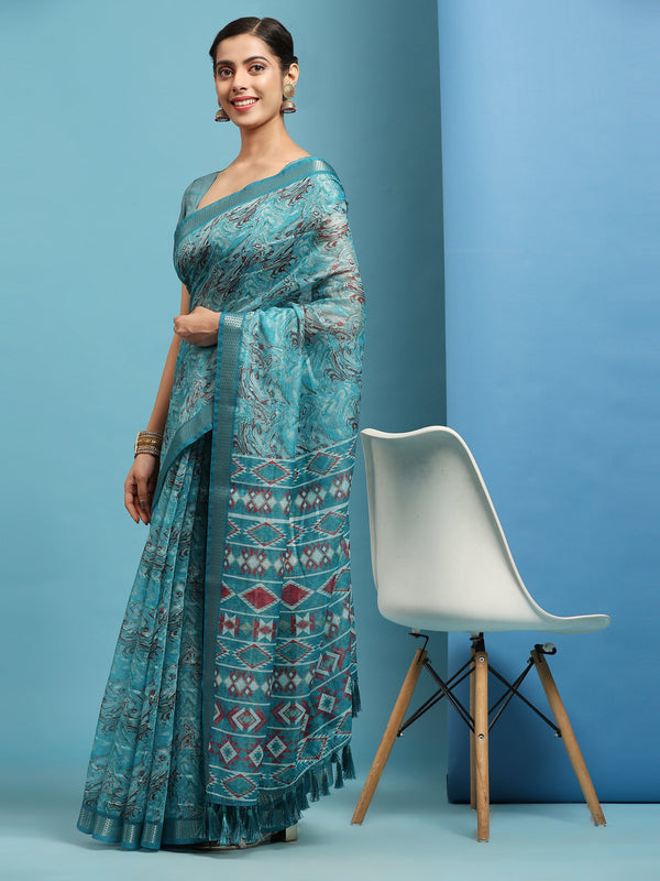 Women's Blue Summer Wear Linen Cotton Saree - Vamsee