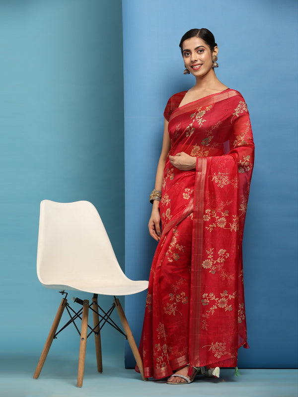 Women's Red Summer Wear Linen Cotton Saree - Vamsee