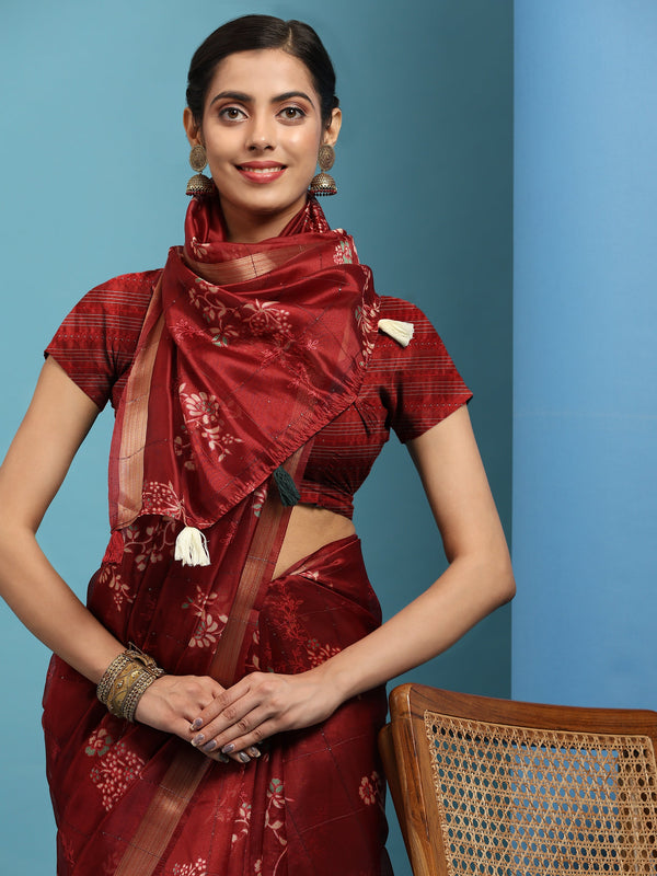 Women's Maroon Summer Wear Linen Cotton Saree - Vamsee