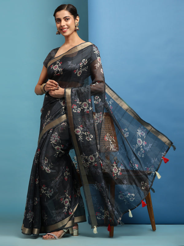 Women's Navy Blue Summer Wear Linen Cotton Saree - Vamsee