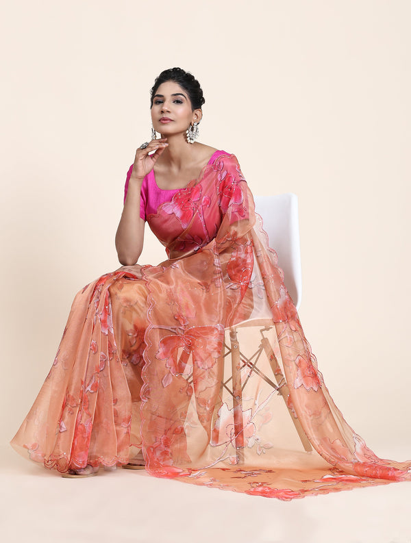 Women's Orange Party Wear Organza Saree Cutwork Border - Vamsee