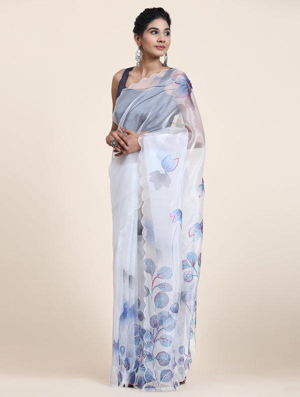 Women's White Party Wear Organza Saree Cutwork Border - Vamsee