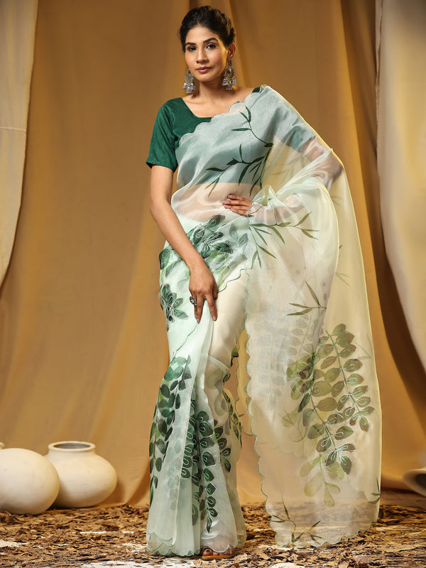 Women's Teal Green Party Wear Organza Saree Cutwork Border - Vamsee