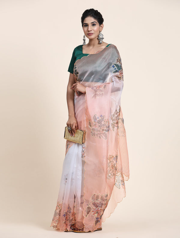 Women's Peach Party Wear Organza Saree Cutwork Border - Vamsee