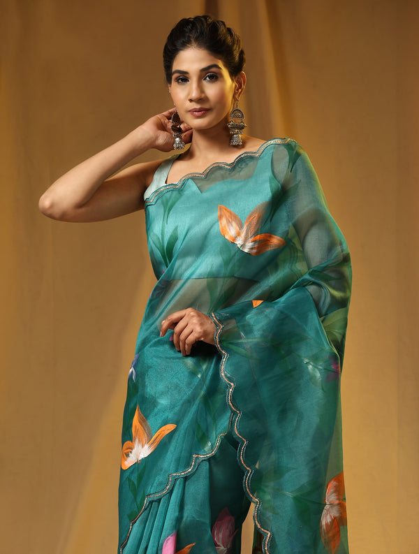 Women's Teal Blue Party Wear Organza Saree Cutwork Border - Vamsee