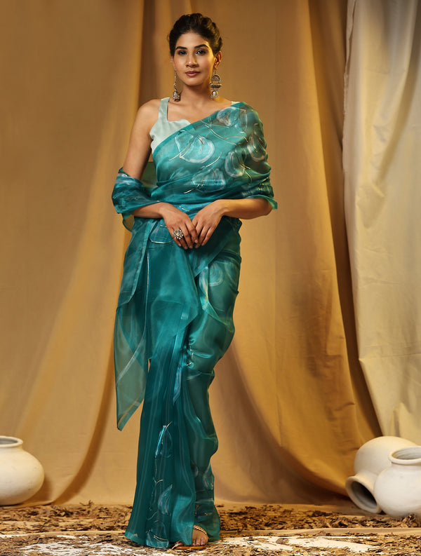 Women's Teal Green Party Wear Organza Saree Cutwork Border - Vamsee