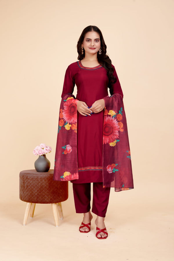 Women's Maroon Polycotton Solid Kurta Set - A2M