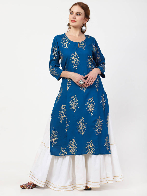 Women's Blue Rayon Gold Printed Kurta Only - Cheera