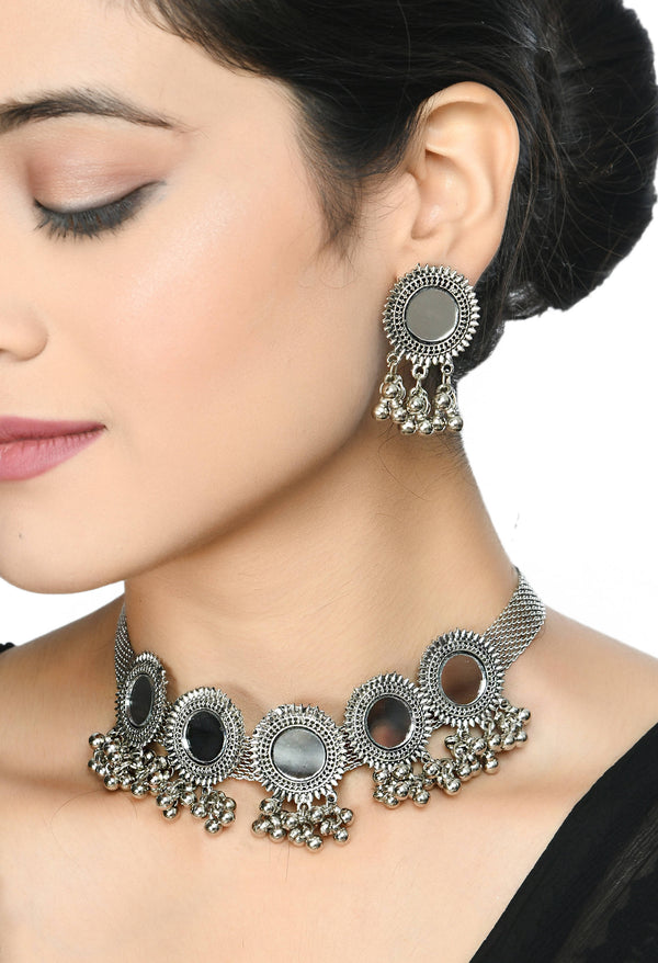 Indiakreations Choker Necklace Set Silver color mirror with Earrings Jkms_092