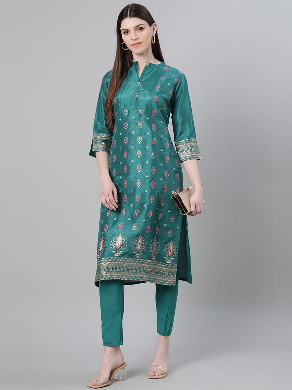 Women's Green Printed Kurta And Pant Set by Ziyaa- (2pcs set)