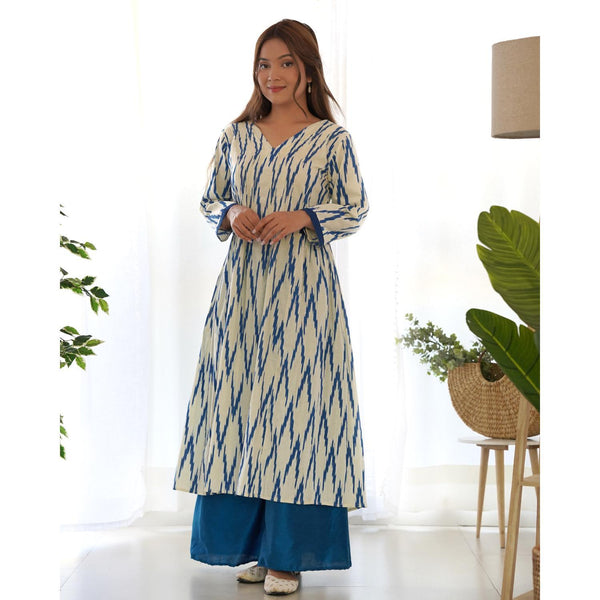 Women's White Ikat Kurta Palazzo Set - Rangpur