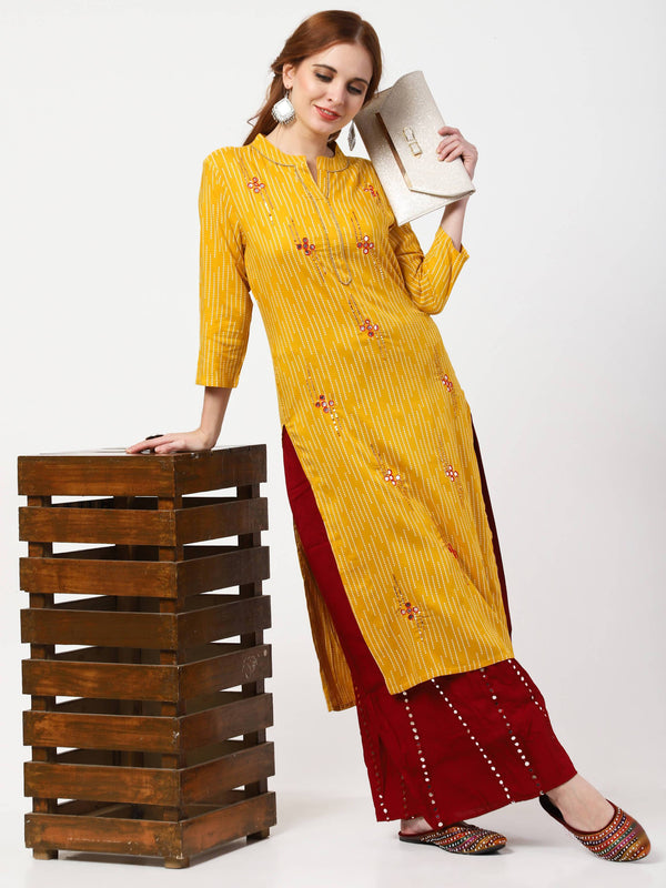 Women's Rayon Mustard & Maroon Kurta Palazzo Set - Cheera