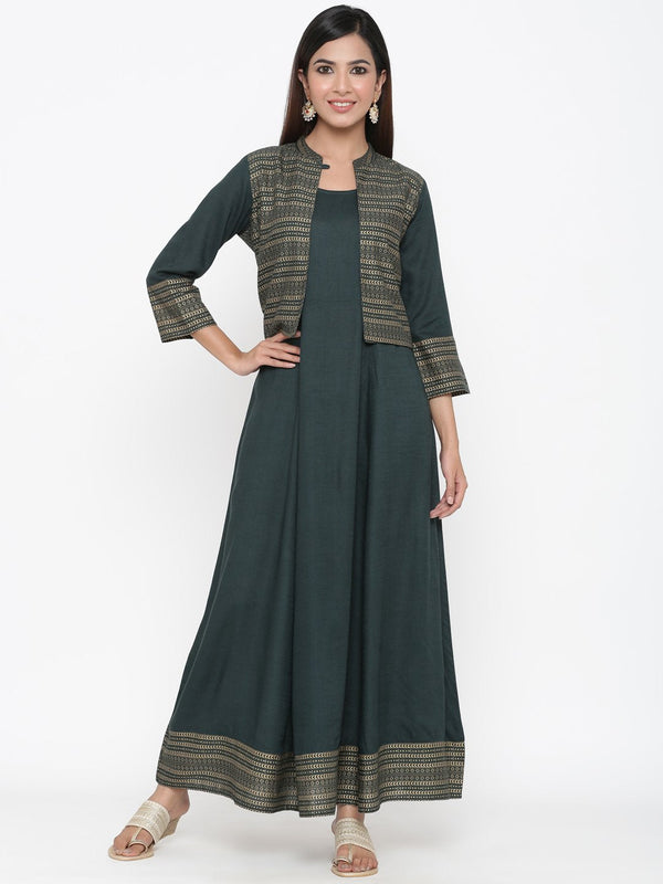 Women's Dark Green Anarkali Kurta with Jacket set by Kipek- (2pcs set)