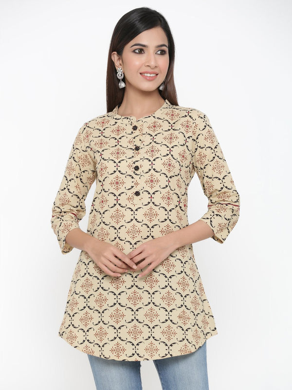 Women's Printed Cream Short Kurta by Kipek- (1pc set)