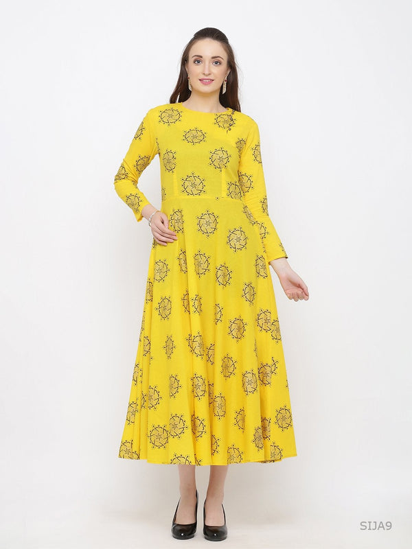 Women's Yellow Printed Anarkali Kurta(1pc) - Indian Virasat