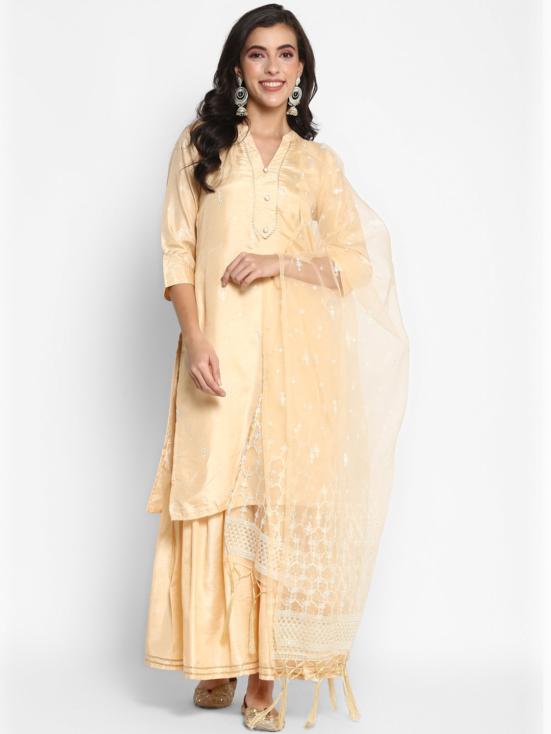 Women's Beige Dola Silk Straight Printed Kurta Sharara Set With Dupatta - Vaaba