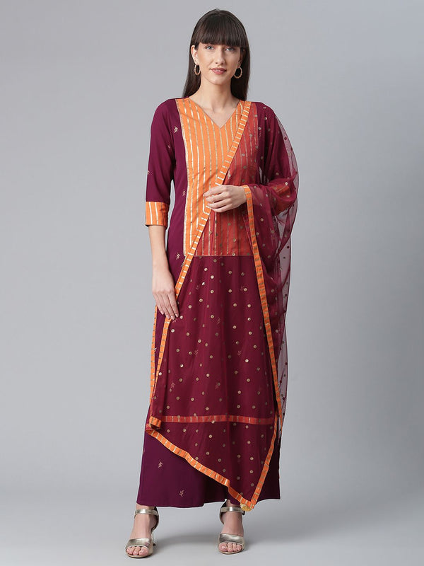 Wine & Orange Printed Kurta Palazzo Set With Printed Dupatta