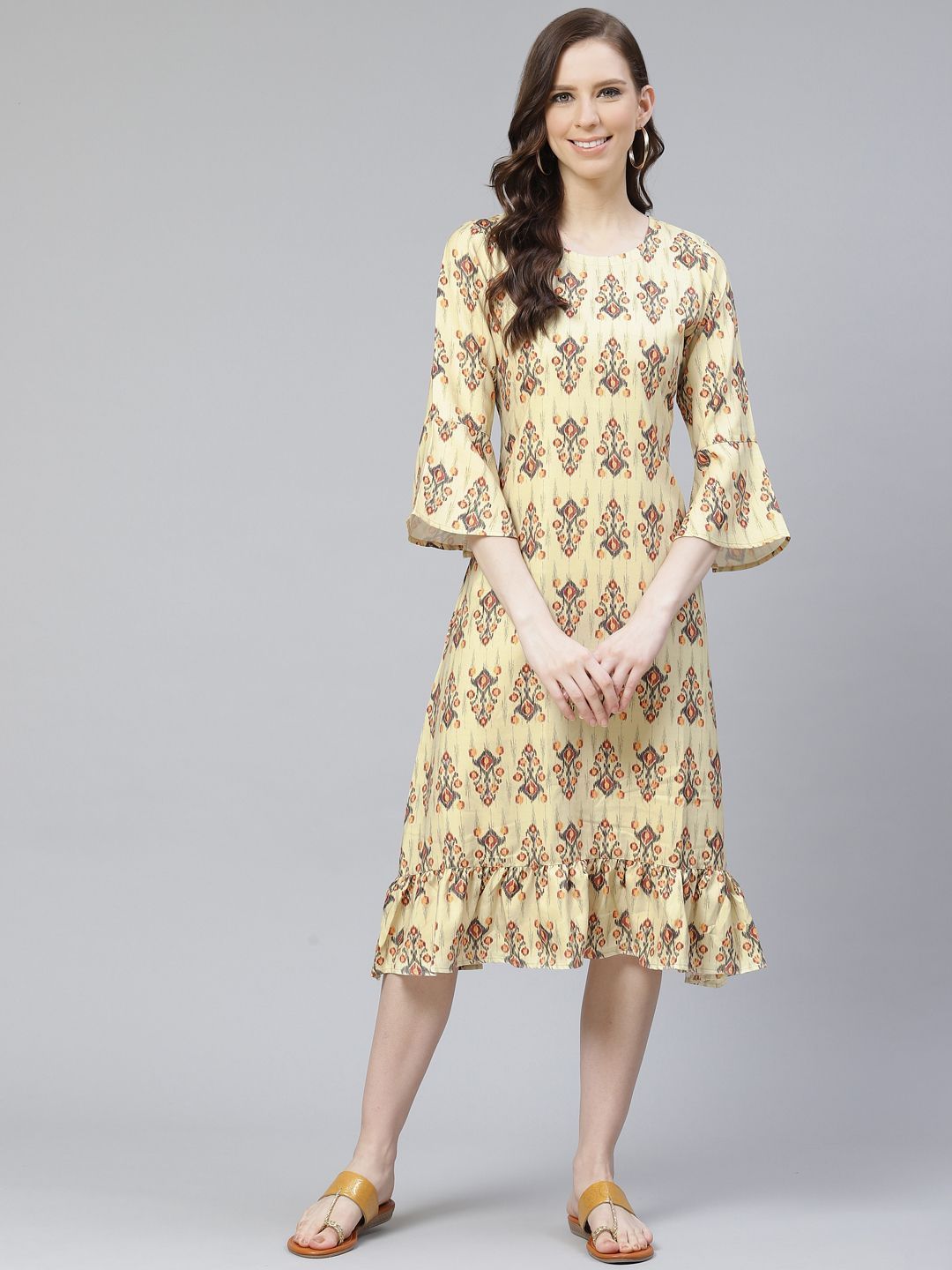 Women's Poly Rayon Yellow Colored Digital Printed Flared  Dress - Ziyaa