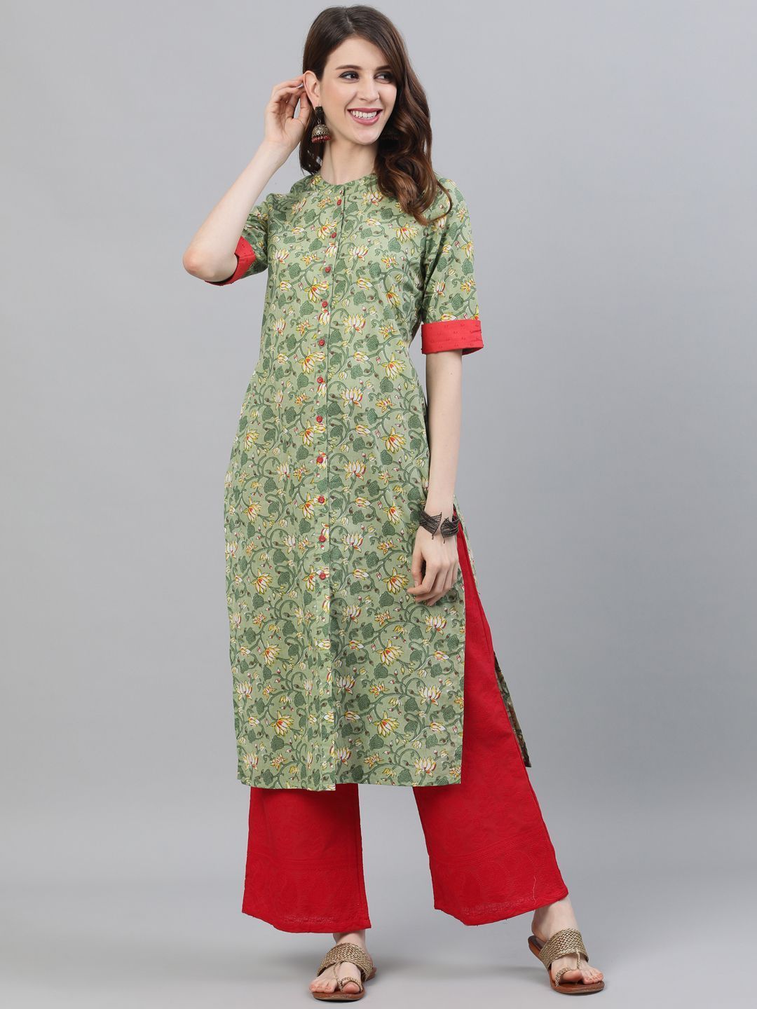 Women's Green Floral Printed Button Down Kurta - AKS