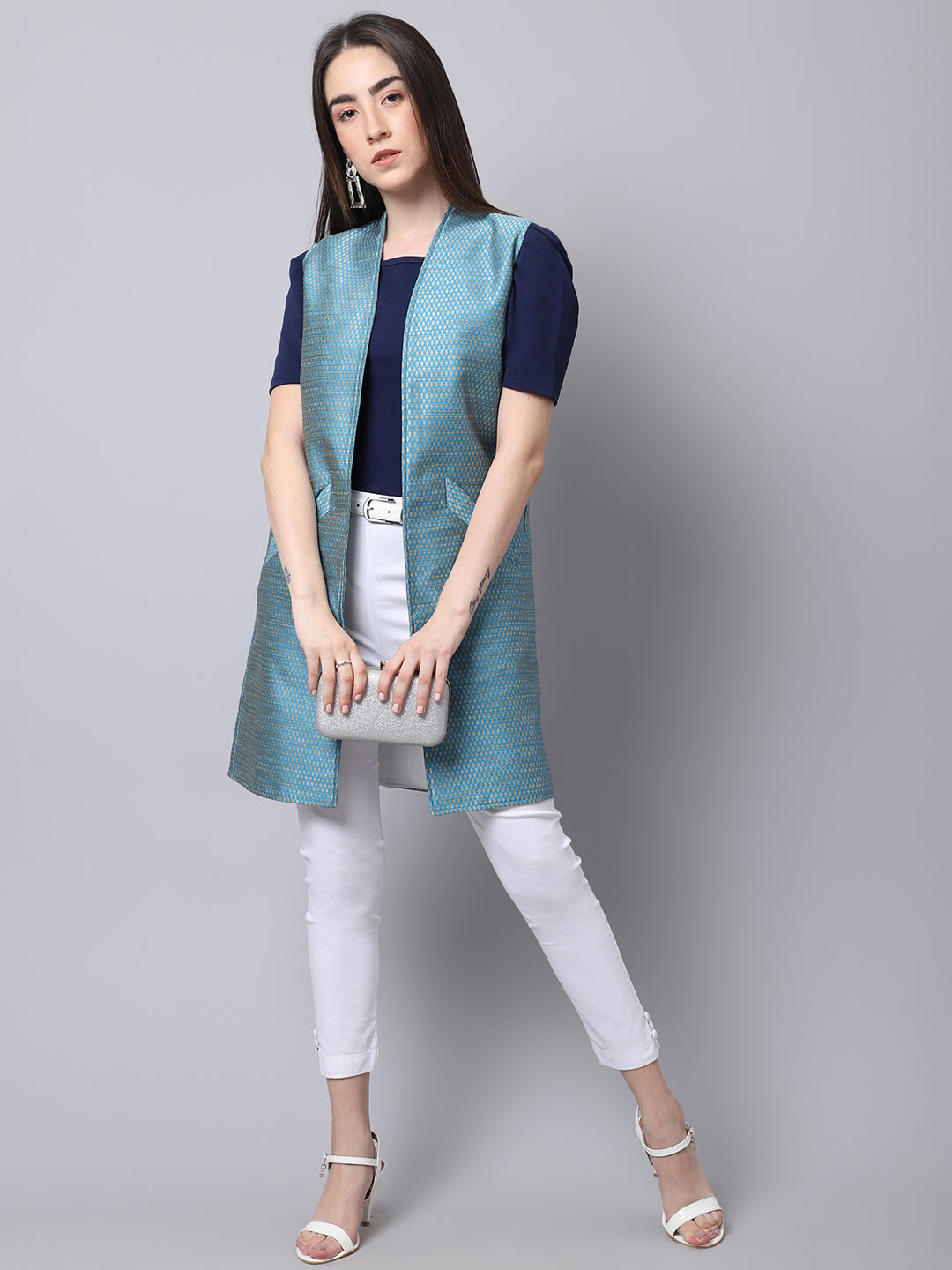 Women's Blue Open Front Long Coat  - Even Apparels