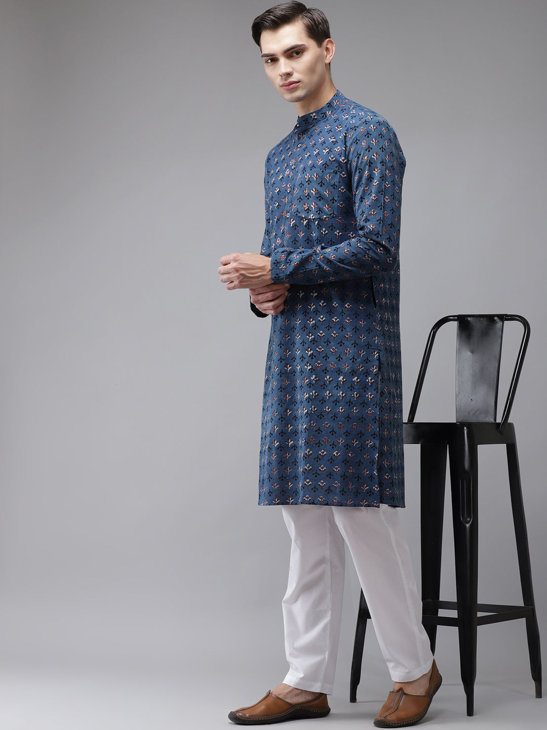 Men's Blue And Maroon Hand Block Print Sustainable Straight Kurta - See Designs