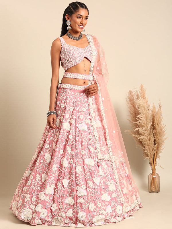 Women's Rose Gold Chinon Sequins And Zarkan Embroidery Lehenga Choli & Dupatta - Royal Dwells