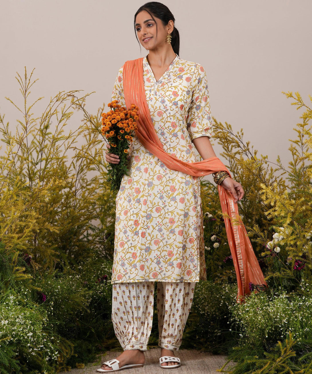 Off White Printed Cotton Straight Suit With Dupatta - Jashvi