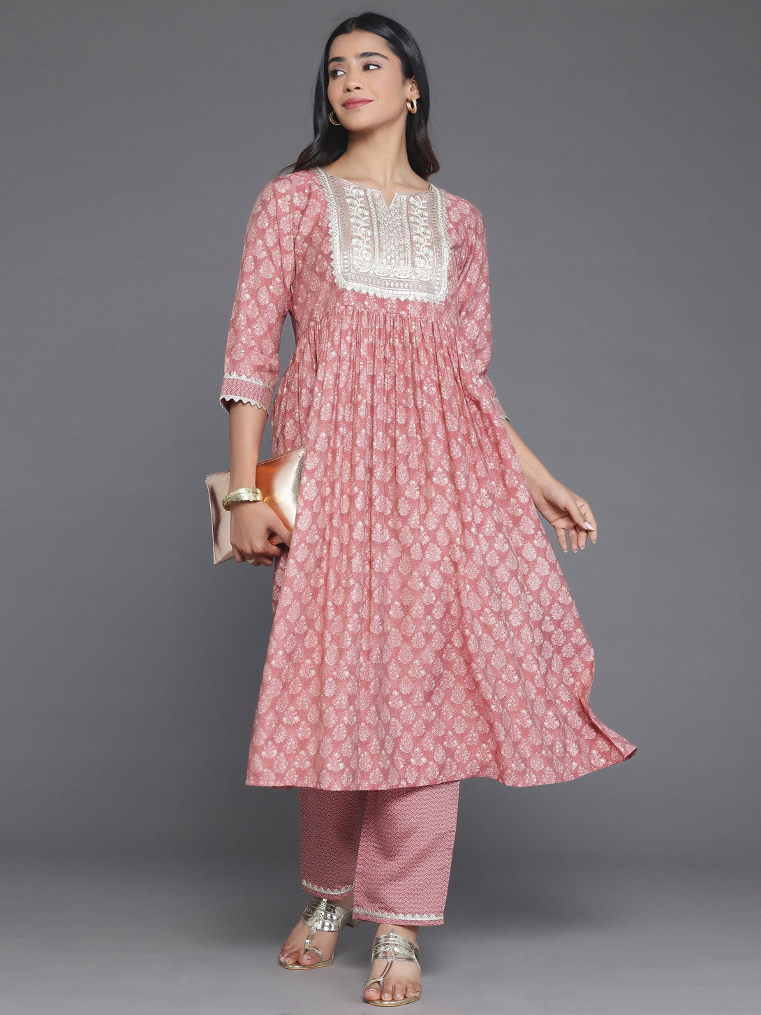 Mauve Printed Silk Blend A-Line Kurta With Palazzos - Jashvi