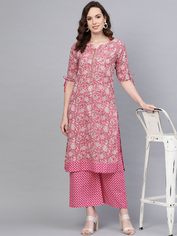 Women's Pink Cotton Printed Half Sleeve Round Neck Casual Kurta Palazzo Set - Myshka