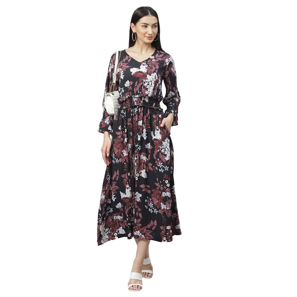 Women's Multicolor Rayon Printed 3/4 Sleeve V Neck Casual Dress - Myshka