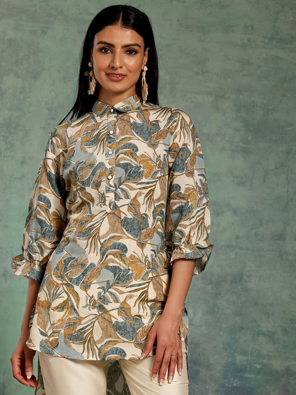 Beige Printed Silk Blend A-Line Kurti