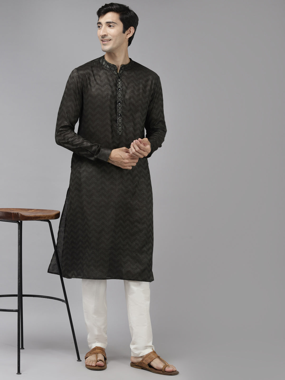 Men's Olive & Beige Woven Design Thread Work Kurta - See Designs