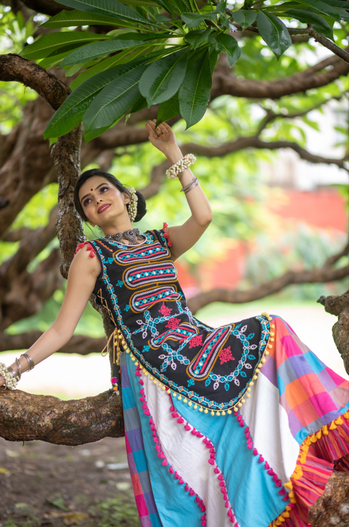 Women's Black Geometric Motif Embroidered Panel Top Paired With Color Full Flairy Skirt - Mesmora Fashion