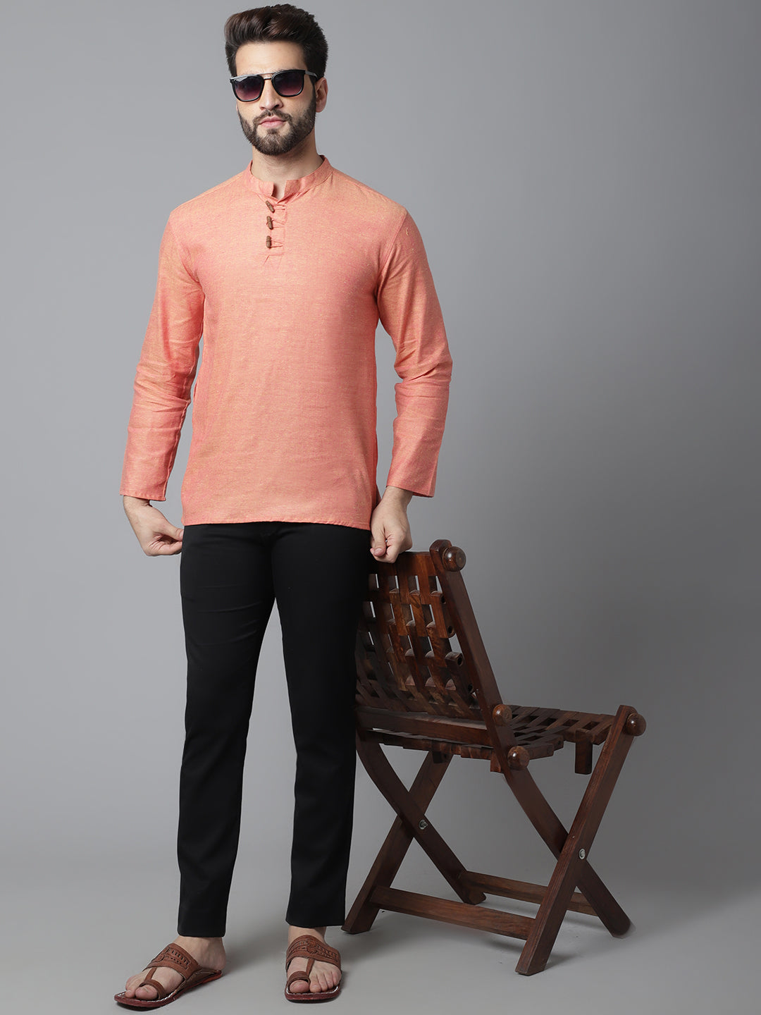 Men's Orange Pure Cotton Kurta With Band Collar - Even Apparels