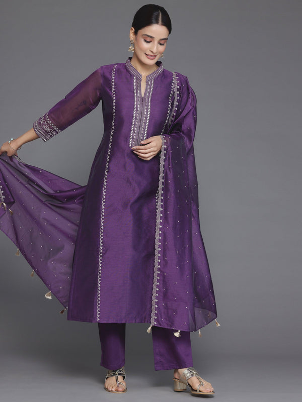 Wine Embroidered Chanderi Silk Straight Suit With Dupatta