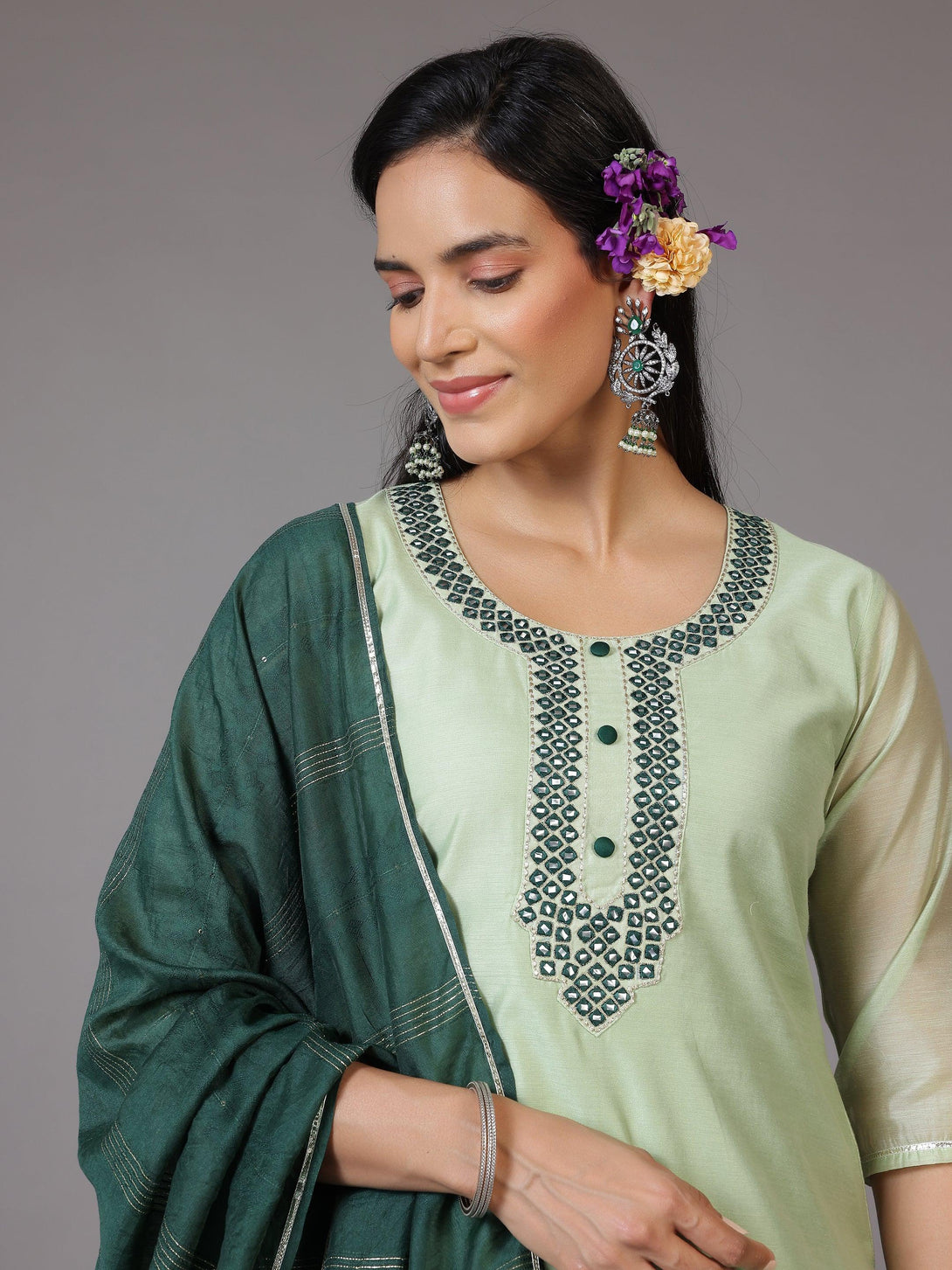 Green Yoke Design Chanderi Silk Straight Kurta With Trousers & Dupatta - Jashvi