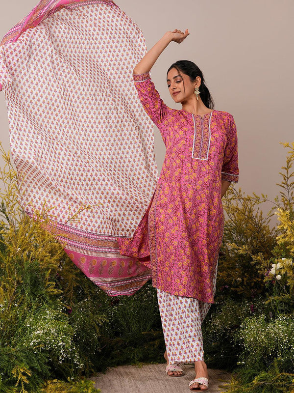 Pink Printed Cotton Straight Suit With Dupatta