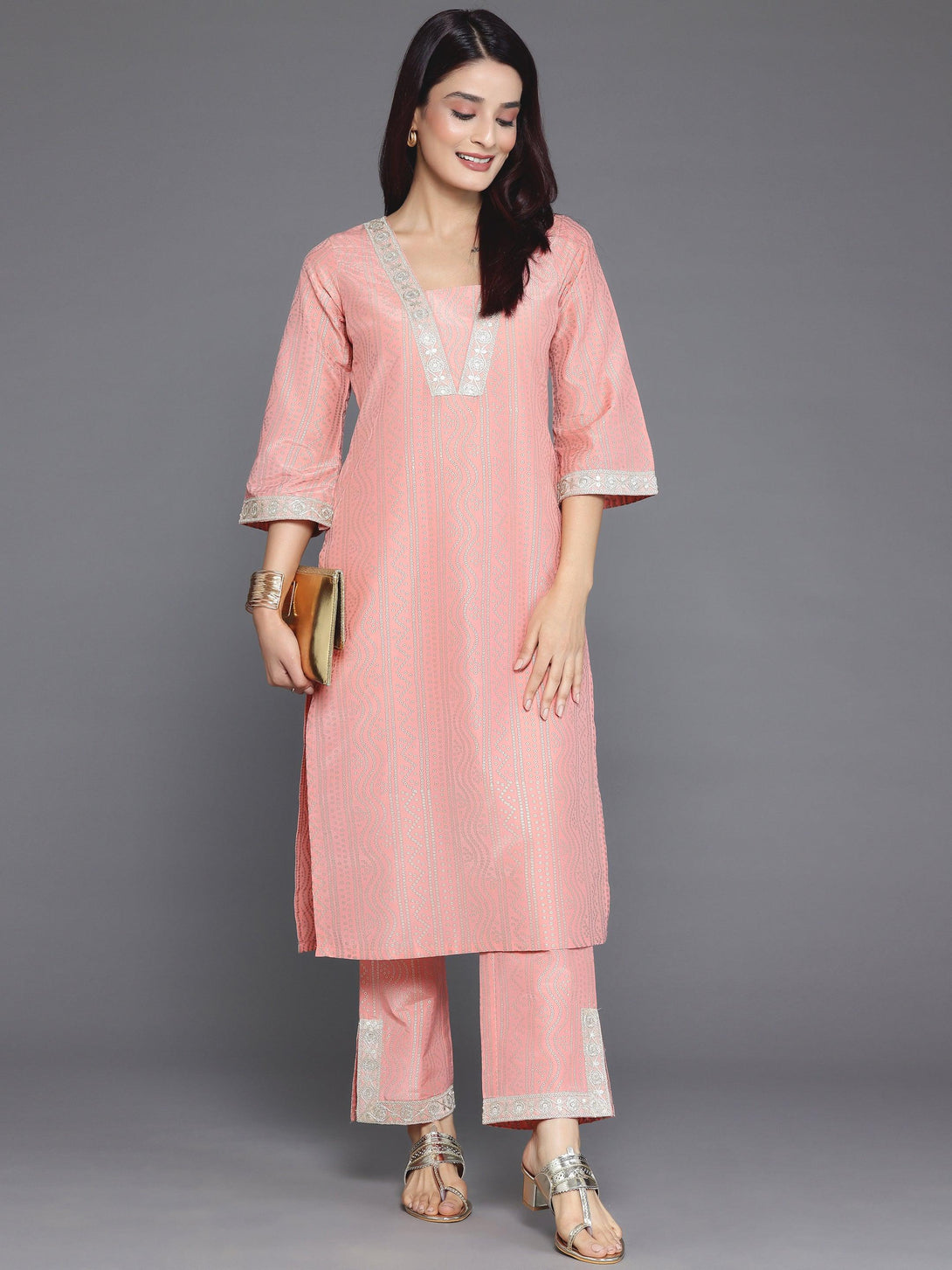 Peach Printed Silk Blend Straight Kurta Set - Jashvi