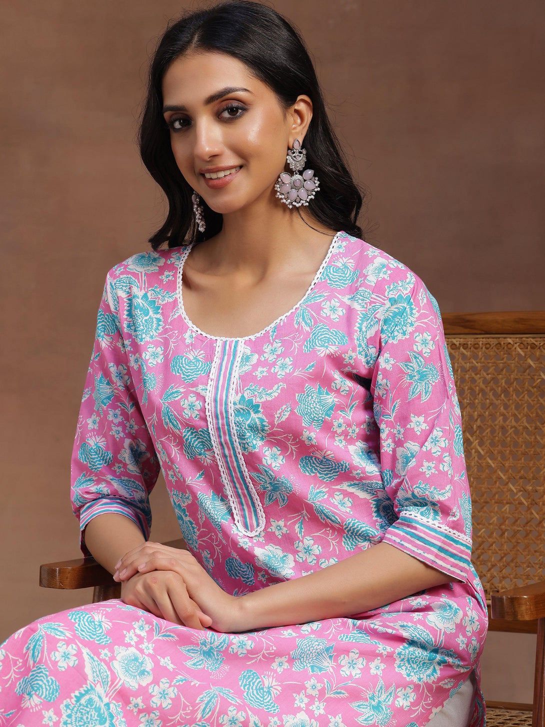 Pink Printed Cotton Straight Kurta - Jashvi