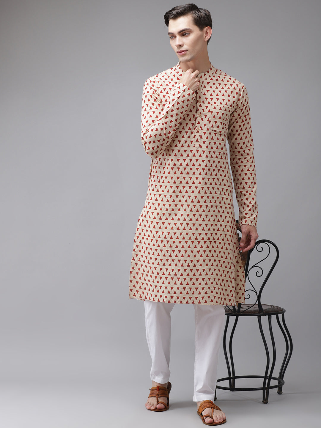 Men's Beige And Maroon Hand Block Print Sustainable Straight Kurta - See Designs