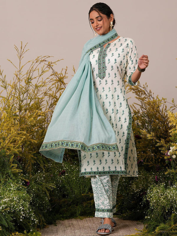 Off White Printed Cotton Straight Suit With Dupatta