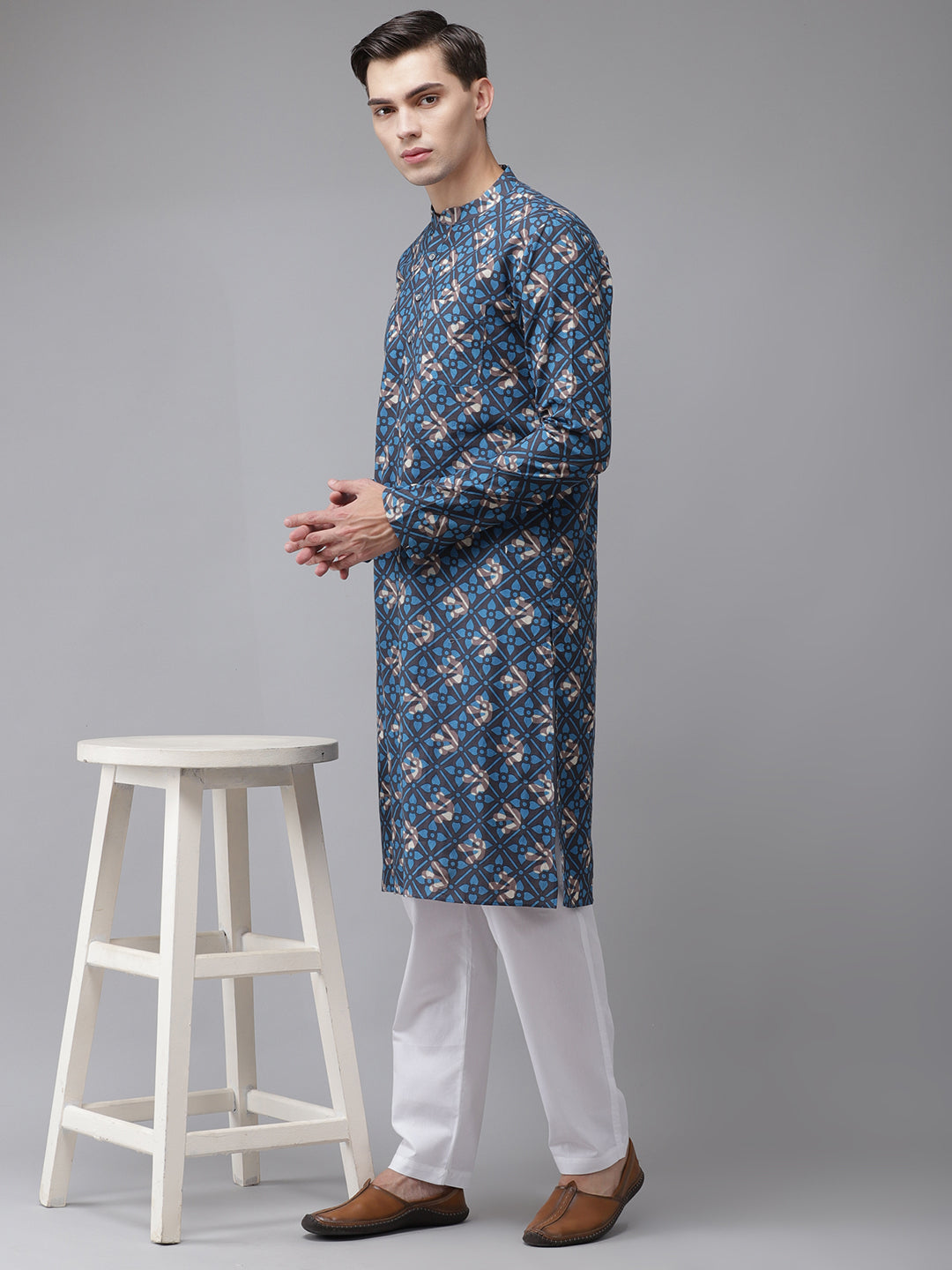 Men's Blue And Beige Printed Straight Kurta - See Designs