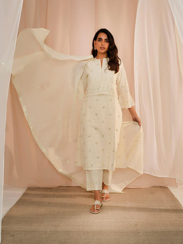 Off White Embroidered Cotton Straight Suit With Dupatta - Jashvi