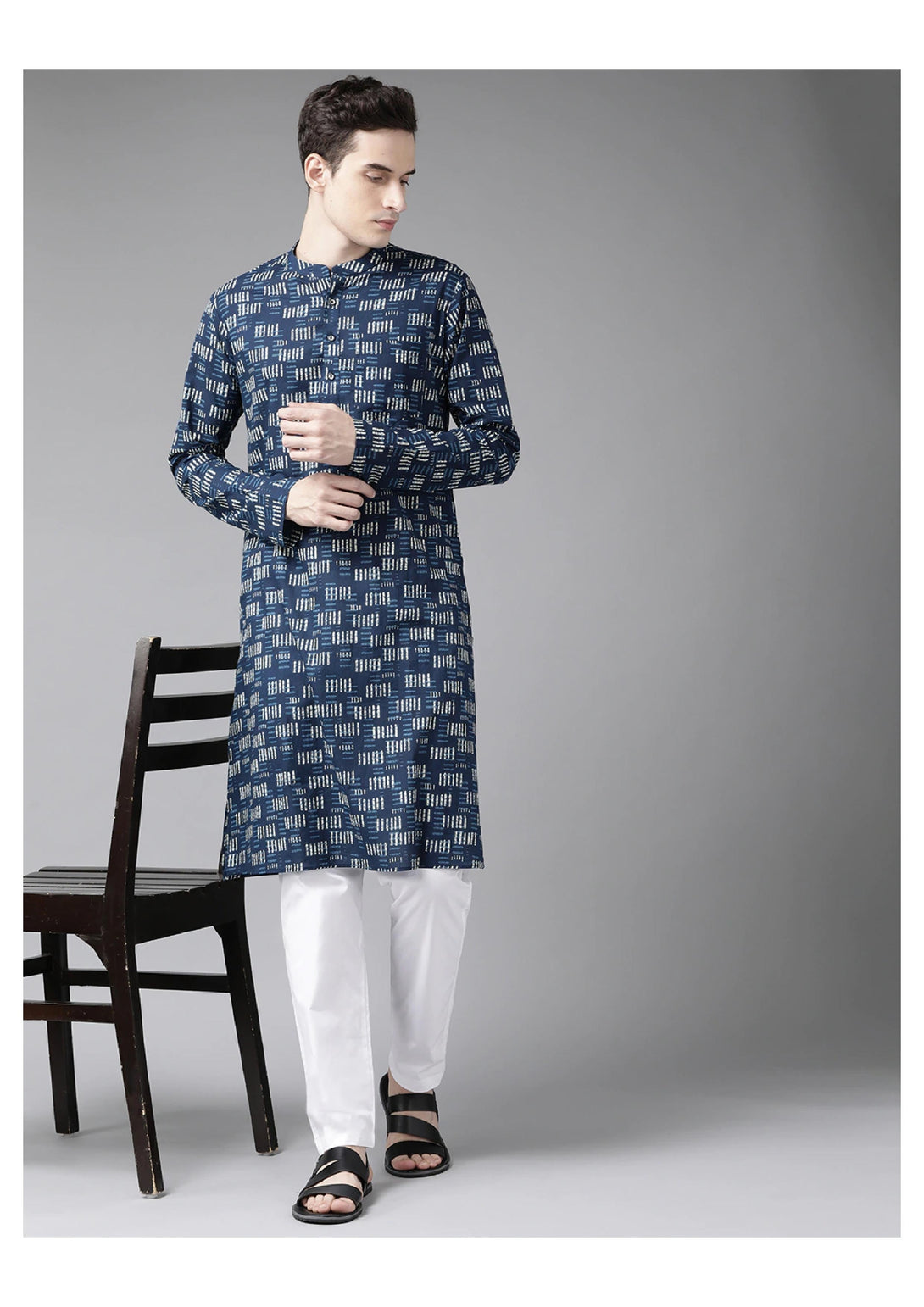 Men's Blue & Beige Printed Straight Kurta With Pyjama - See Designs