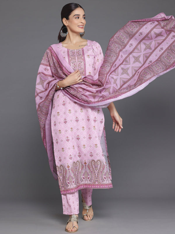 Pink Printed Poly Crepe Straight Suit With Dupatta