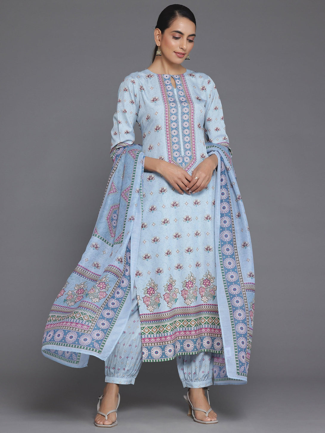 Blue Printed Poly Crepe Straight Suit With Dupatta - Jashvi