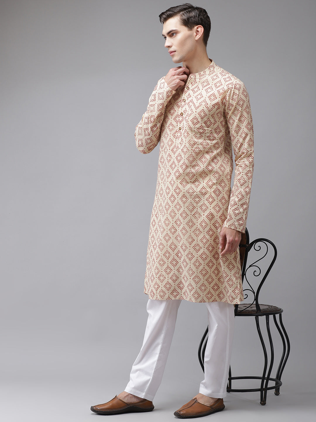 Men's Beige And Maroon Hand Block Print Sustainable Straight With Kurta Pyjama - See Designs