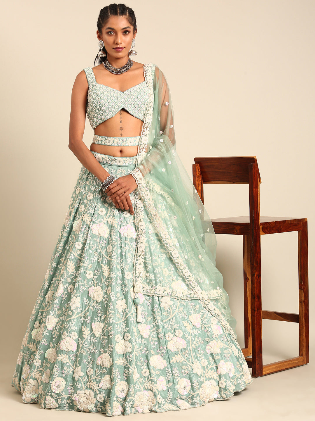 Women's Sea Green Chinon Sequins And Zarkan Embroidery  Lehenga Choli & Dupatta - Royal Dwells