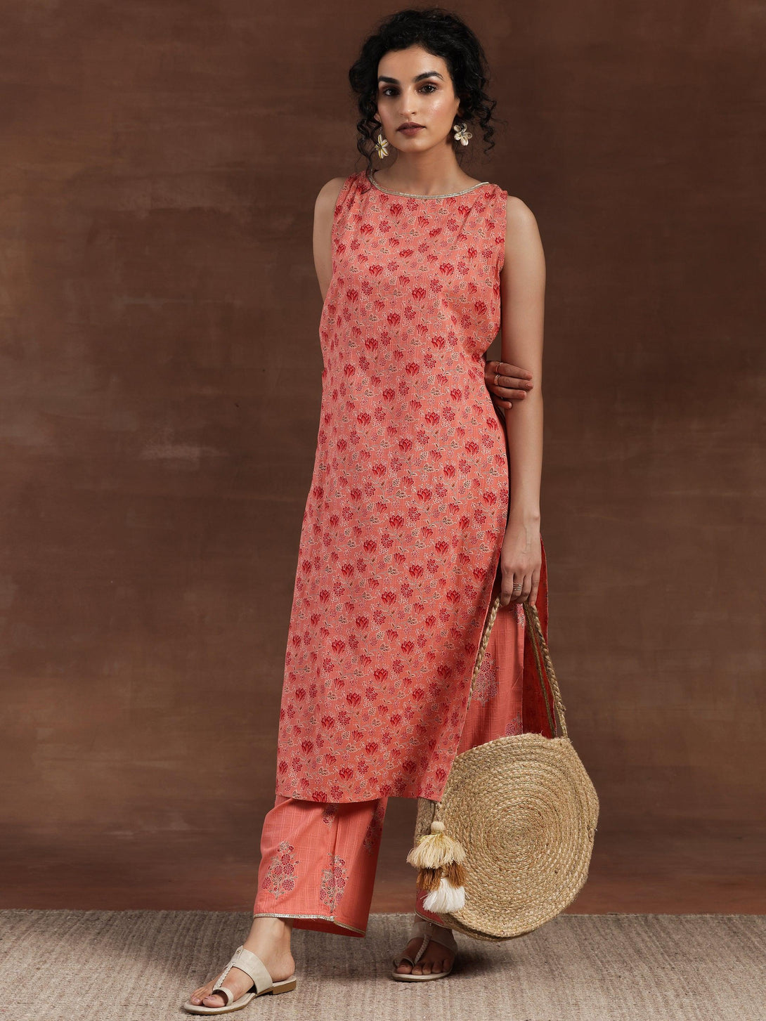 Peach Printed Cotton Straight Kurta Set - Jashvi