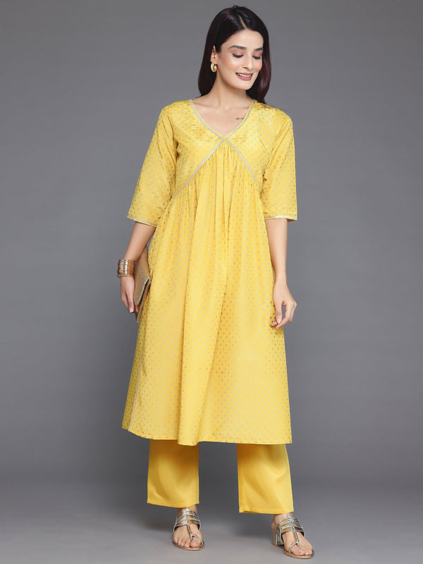 Yellow Woven Design Silk Blend A-Line Kurta With Trousers